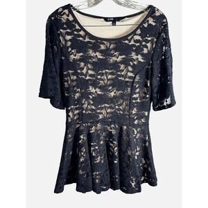 LuLaRoe Elegant Collection Black Lace Peplum Top Metallic Shimmer Short Sleeve S
